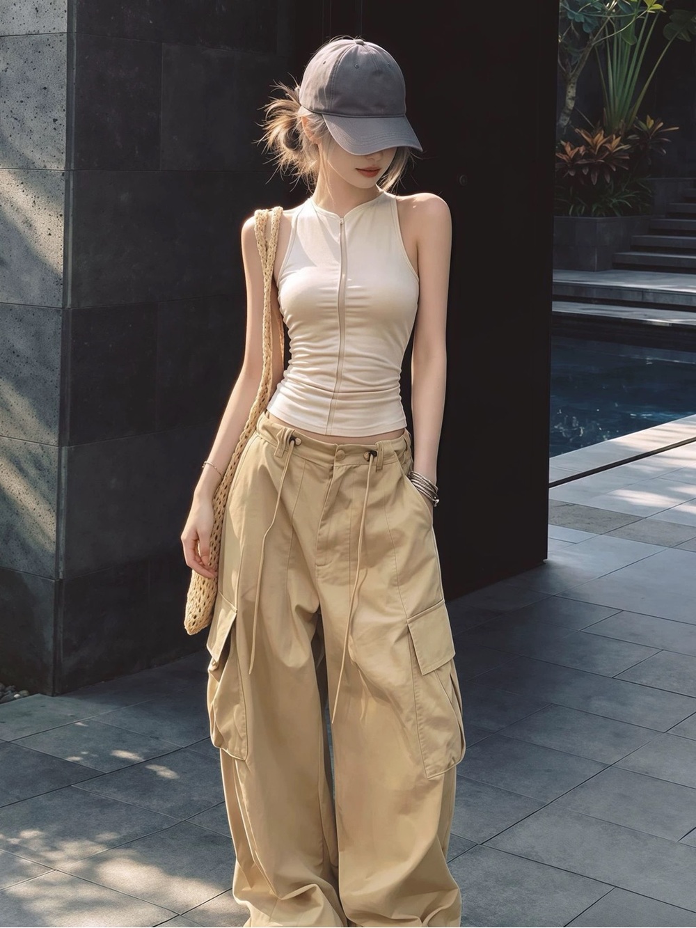 White Ruched Tank Top & Khaki Wide Leg Cargo Pants Two Piece Set